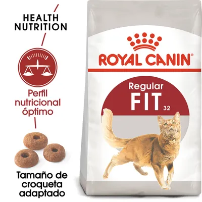 Royal Canin Regular Fit 32, perfil nutricional óptimo, tamaño de croqueta adaptado. Imagen de croquetas y un gato en el envase.