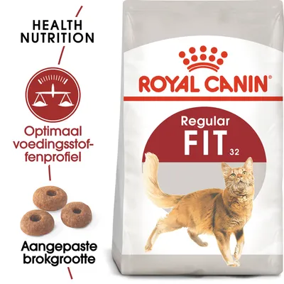 Royal Canin Regular Fit 32 kattenvoer, tekst: Optimaal voedingsstoffenprofiel, Aangepaste brokgrootte, Health Nutrition. Afbeelding van brokjes en kat op de verpakking.
