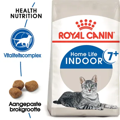 ROYAL CANIN Home Life INDOOR 7+ kattenvoer, afbeelding van kat, tekst: Health Nutrition, Vitaliteitscomplex, Aangepaste brokgrootte. Verpakking toont brokjes en merknaam.