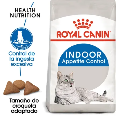 Royal Canin Indoor Appetite Control, control de la ingesta excesiva, tamaño de croqueta adaptado. Imagen de pienso y gato en el envase.