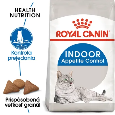 Royal Canin Indoor Appetite Control, kontrola prejedania, prispôsobená veľkosť granúl, obrázok mačky a granúl na obale. HEALTH NUTRITION. Royal Canin Indoor Appetite Control, kontrola prejedania, prispôsobená veľkosť granúl, obrázok mačky a granúl na obale. HEALTH NUTRITION.