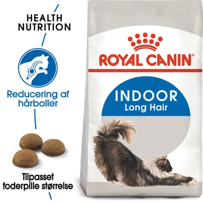 ROYAL CANIN INDOOR Long Hair kattefoder, tekst: Health Nutrition, Reducering af hårboller, Tilpasset foderpille størrelse. Billede af langhåret kat og foderpiller.