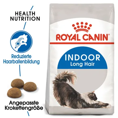 Royal Canin Indoor Long Hair Katzenfutter. Reduzierte Haarballenbildung, angepasste Krokettengrösse, Health Nutrition. Royal Canin Indoor Long Hair Katzenfutter. Reduzierte Haarballenbildung, angepasste Krokettengrösse, Health Nutrition.