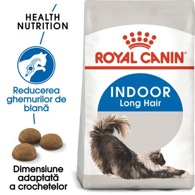 Pachet Royal Canin Indoor Long Hair, text vizibil: Health Nutrition, Reducerea ghemurilor de blană, Dimensiune adaptată a crochetelor, imagine cu crochete și pisică cu păr lung.