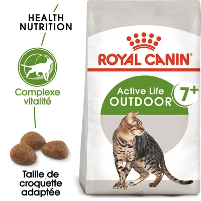 Sachet Royal Canin Active Life Outdoor 7+ pour chat, texte visible : Health Nutrition, Complexe vitalité, Taille de croquette adaptée. Croquettes et chat illustrés sur l’emballage.