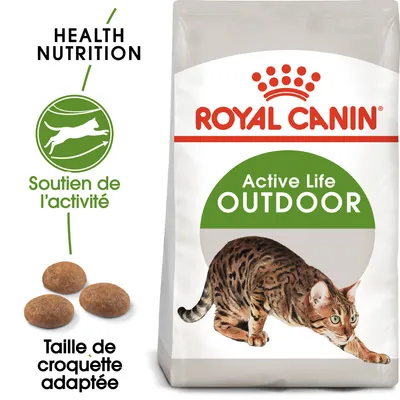 Sachet Royal Canin Active Life Outdoor pour chat, texte visible : Health Nutrition, Soutien de l’activité, Taille de croquette adaptée. Croquettes rondes et image d’un chat tigré. Sachet Royal Canin Active Life Outdoor pour chat, texte visible : Health Nutrition, Soutien de l’activité, Taille de croquette adaptée. Croquettes rondes et image d’un chat tigré.