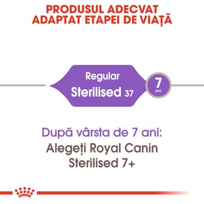 Produsul adecvat adaptat etapei de viață. Regular Sterilised 37, 7 ani. După vârsta de 7 ani: Alegeți Royal Canin Sterilised 7+.