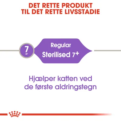 DET RETTE PRODUKT TIL DET RETTE LIVSSTADIE. Regular Sterilised 7+. 7 år. Hjælper katten ved de første aldringstegn.