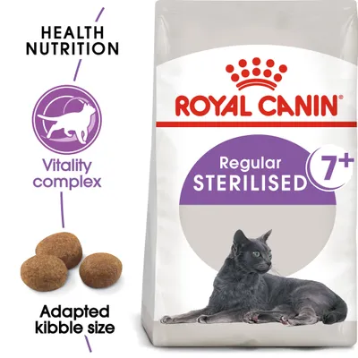 Bag labelled Regular Sterilised 7+, showing adapted kibble size, vitality complex and health nutrition features.