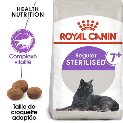 Sachet Royal Canin Regular Sterilised 7+, croquettes visibles, texte : Health Nutrition, Complexe vitalité, Taille de croquette adaptée. Sachet Royal Canin Regular Sterilised 7+, croquettes visibles, texte : Health Nutrition, Complexe vitalité, Taille de croquette adaptée.