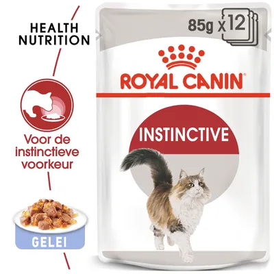Royal Canin Instinctive kattenvoer in gelei, 85g x12. Tekst: Health Nutrition, Voor de instinctieve voorkeur, GELEI. Afbeelding van kat en voer in gelei.