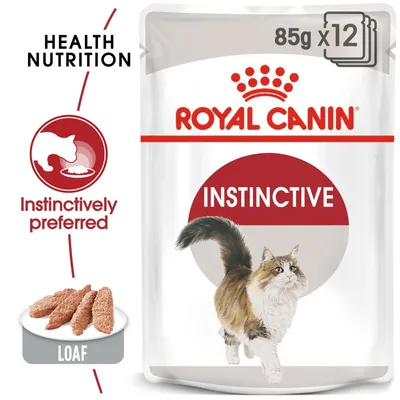 Royal Canin Instinctive macskaeledel, 85 g x 12. Feliratok: Health Nutrition, Instinctively preferred, Loaf. Csomagoláson macska képe látható.