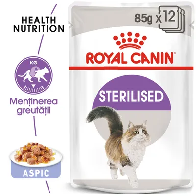 Pachet Royal Canin Sterilised pentru pisici, 12 plicuri x 85g, aspic. Text vizibil: Health Nutrition, Menținerea greutății, STERILISED.