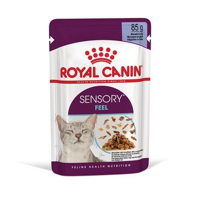 Royal Canin Sensory Feel kattenvoer, 85 g. Afbeelding van kat en voer in saus op de verpakking. Tekst: Feline Health Nutrition.
