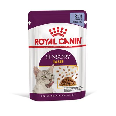 Royal Canin Sensory Taste kissan märkäruoka, 85 g annospussi. Kuvassa kissan kuva ja ruoan paloja hyytelössä. Pakkauksessa teksti: Chunks in jelly.