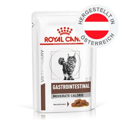 Royal Canin Veterinary Gastrointestinal Moderate Calorie, thin slices in gravy. Hergestellt in Österreich.