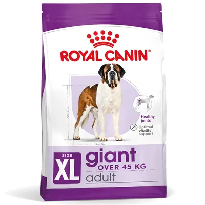 Product packaging for Royal Canin XL giant adult, over 45 kg. Highlights include healthy joints and optimal vitality support.