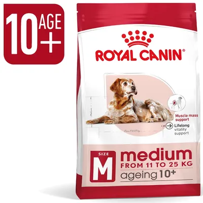 Royal Canin medium ageing 10+, para perros de 11 a 25 kg, apoyo masa muscular y vitalidad. Texto visible: 10 AGE+, SIZE M, FROM 11 TO 25 KG, ageing 10+, Muscle mass support, Lifelong vitality support.