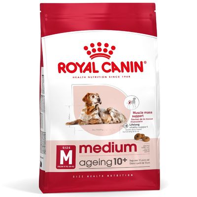 Royal Canin medium ageing 10+ torrfoder för hund, storlek M 11–25 kg, Muscle mass support, Lifelong vitality support, bild på medelstor äldre hund på förpackningen.