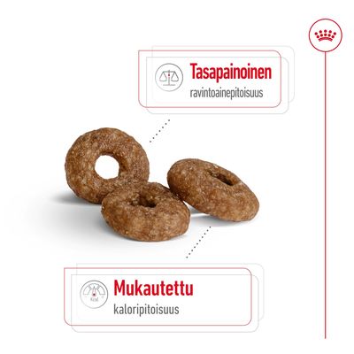 Kolme rengasmuotoista kuivaruokanappulaa. Tekstit: Tasapainoinen ravintoainepitoisuus, Mukautettu kaloripitoisuus.