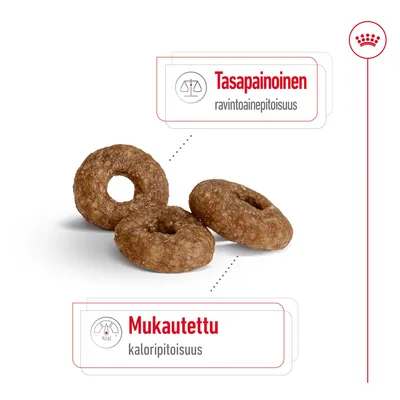 Kolme rengasmuotoista kuivaruokanappulaa. Tekstit: Tasapainoinen ravintoainepitoisuus, Mukautettu kaloripitoisuus.