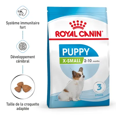 ROYAL CANIN PUPPY X-SMALL 2–10 months, système immunitaire fort, développement cérébral, taille de la croquette adaptée, sachet avec chiot illustré, stage 3