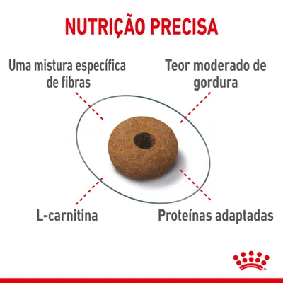 NUTRIÇÃO PRECISA. Uma mistura específica de fibras, teor moderado de gordura, L-carnitina, proteínas adaptadas. Ração em forma de anel ao centro.