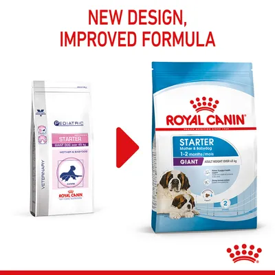 Image shows product packaging change for Royal Canin Starter Giant Dog food, highlighting new design and improved formula. Old and new bags are displayed side by side.