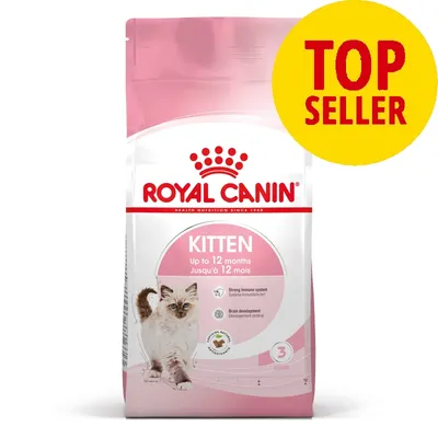 Royal Canin Kitten tørfoder, synlig tekst: 'Up to 12 months', 'Strong immune system', 'Brain development', gul cirkel med rød tekst: 'TOP SELLER'. Billede af kattekilling på posen.