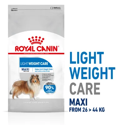 Light Weight Care Maxi food for pets from 26 to 44 kg. Helps limit weight gain. Proven results: 90% achieved a healthier weight.