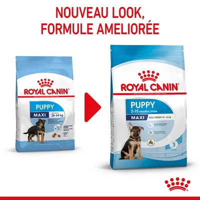 Sacs de croquettes Royal Canin Puppy Maxi 26–44 kg, ancien et nouveau design avec texte : Nouveau look, formule améliorée. Nouvelle mention : 2–15 mois/mois.