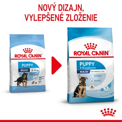 Royal Canin Puppy Maxi 26–44 kg, nový dizajn obalu a vylepšené zloženie. Na obrázku starý a nový obal s nápisom: NOVÝ DIZAJN, VYLEPŠENÉ ZLOŽENIE.