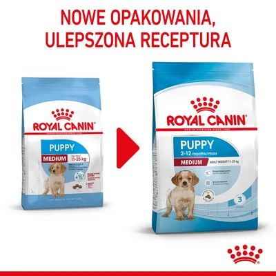 Nowe opakowanie i ulepszona receptura karmy Royal Canin Puppy Medium 11–25 kg, widoczne dwa różne opakowania z psem na froncie. Tekst: NOWE OPAKOWANIA, ULEPSZONA RECEPTURA.