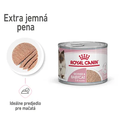 ROYAL CANIN Mother & Babycat 1–4 months, extra jemná pena, ideálne predjedlo pre mačatá. Konzerva s obrázkom mačky a detailom peny na tanieri. ROYAL CANIN Mother & Babycat 1–4 months, extra jemná pena, ideálne predjedlo pre mačatá. Konzerva s obrázkom mačky a detailom peny na tanieri.