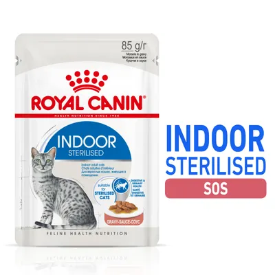 ROYAL CANIN INDOOR STERILISED, 85 g. Morsels in gravy. Dla kotów dorosłych żyjących w pomieszczeniach, odpowiednie dla kotów sterylizowanych. Gravy-sauce-sos.