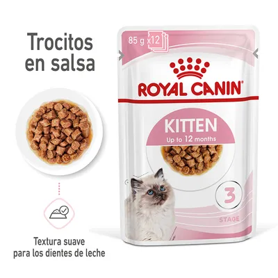 Royal Canin Kitten Up to 12 months, 85 g x12. Trocitos en salsa. Textura suave para los dientes de leche. Imagen de comida húmeda y un gato pequeño en el envase.