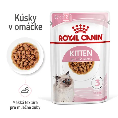 Royal Canin Kitten Up to 12 months, kúsky v omáčke, 85 g x12. Mäkká textúra pre mliečne zuby. Balenie s obrázkom mačiatka a porciou krmiva. Royal Canin Kitten Up to 12 months, kúsky v omáčke, 85 g x12. Mäkká textúra pre mliečne zuby. Balenie s obrázkom mačiatka a porciou krmiva.