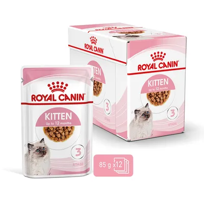 Royal Canin Kitten консервирана храна за котки до 12 месеца, опаковка с 12 пауча по 85 г. Показани: опаковка, пауч и котка.