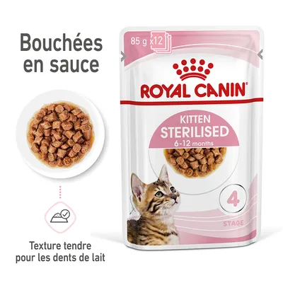 Royal Canin Kitten Sterilised 6–12 months, bouchées en sauce, 85 g x12, texture tendre pour les dents de lait, sachet avec photo d’un chaton et numéro 4 stage visible. Royal Canin Kitten Sterilised 6–12 months, bouchées en sauce, 85 g x12, texture tendre pour les dents de lait, sachet avec photo d’un chaton et numéro 4 stage visible.
