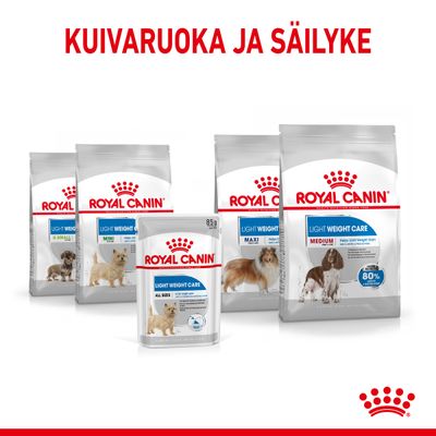 Royal Canin Light Weight Care -kuivaruoka ja säilykepakkaukset eri koirakokoihin: X-Small, Mini, Maxi, Medium, All Sizes. Teksti: 'Kuivaruoka ja säilyke'.