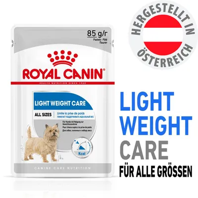 Royal Canin Light Weight Care Pastete 85g, für Hunde aller Größen. Hergestellt in Österreich. Text: Light Weight Care für alle Größen.