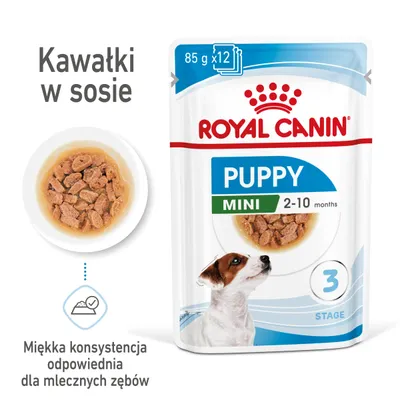 ROYAL CANIN PUPPY MINI 2–10 months, kawałki w sosie, 85 g x12, miękka konsystencja odpowiednia dla mlecznych zębów, etap 3. Opakowanie i miska z karmą.