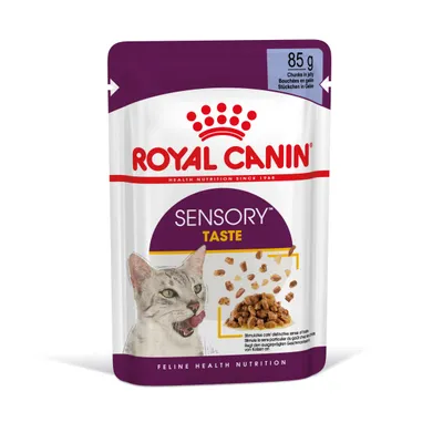 ROYAL CANIN SENSORY TASTE, 85 g, kawałki w galarecie. Opakowanie z wizerunkiem kota i zdjęciem karmy.