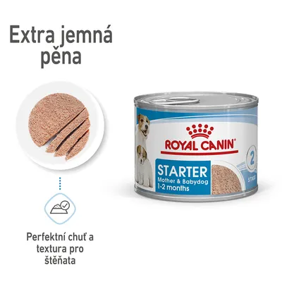 Konzerva Royal Canin Starter Mother & Babydog 1–2 months, extra jemná pěna, perfektní chuť a textura pro štěňata, obrázek krmiva v řezu.