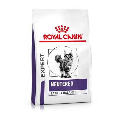 Opakowanie karmy Royal Canin Expert Neutered Satiety Balance z wizerunkiem kota, widoczne napisy: NEUTERED, SATIETY BALANCE, EXPERT. Opakowanie karmy Royal Canin Expert Neutered Satiety Balance z wizerunkiem kota, widoczne napisy: NEUTERED, SATIETY BALANCE, EXPERT.