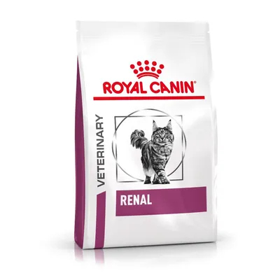 Sachet de croquettes pour chat Royal Canin Veterinary Renal, texte visible : VETERINARY, RENAL, image d’un chat sur l’emballage.