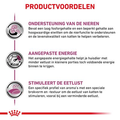 PRODUCTVOORDELEN: Ondersteuning van de nieren, Aangepaste energie, Stimuleert de eetlust. Uitleg over fosforgehalte, energie-inname en aroma’s voor kattenvoer.