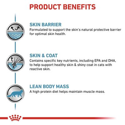 Produktfördelar: Skin Barrier, Skin & Coat, Lean Body Mass. Text på engelska om hudbarriär, näringsämnen för päls och hud samt hög proteinhalt för muskelmassa.