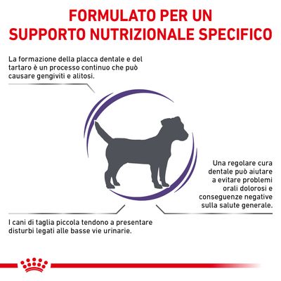 FORMULATO PER UN SUPPORTO NUTRIZIONALE SPECIFICO. Placca dentale e tartaro causano gengiviti e alitosi. Cura dentale aiuta a evitare problemi orali. Cani piccoli tendono a disturbi urinari.