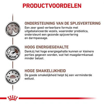 Productvoordelen: ondersteuning van de spijsvertering, hoog energiegehalte voor kleinere porties, hoge smakelijkheid helpt bij verminderde eetlust. Alle tekst in het Nederlands.